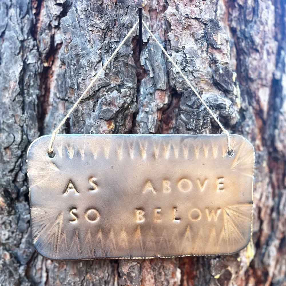 "as above so below" ceramic hanging sign in saturation gold with stamped border