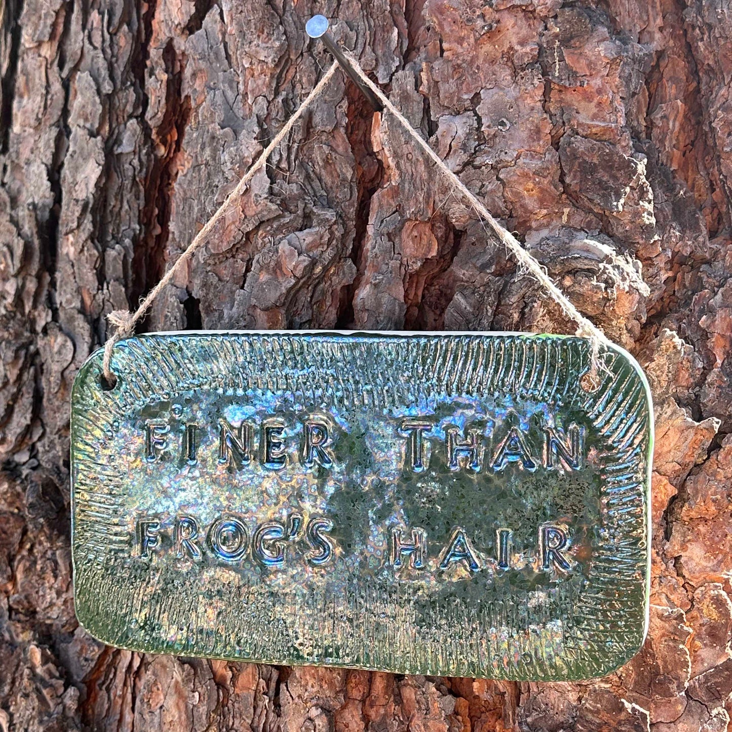 "finer than frog's hair" ceramic hanging sign in june bug with texture border