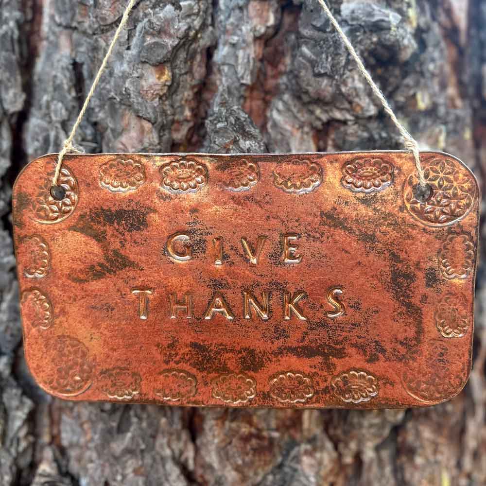 "give thanks" hanging ceramic sign in ancient copper with stamped border