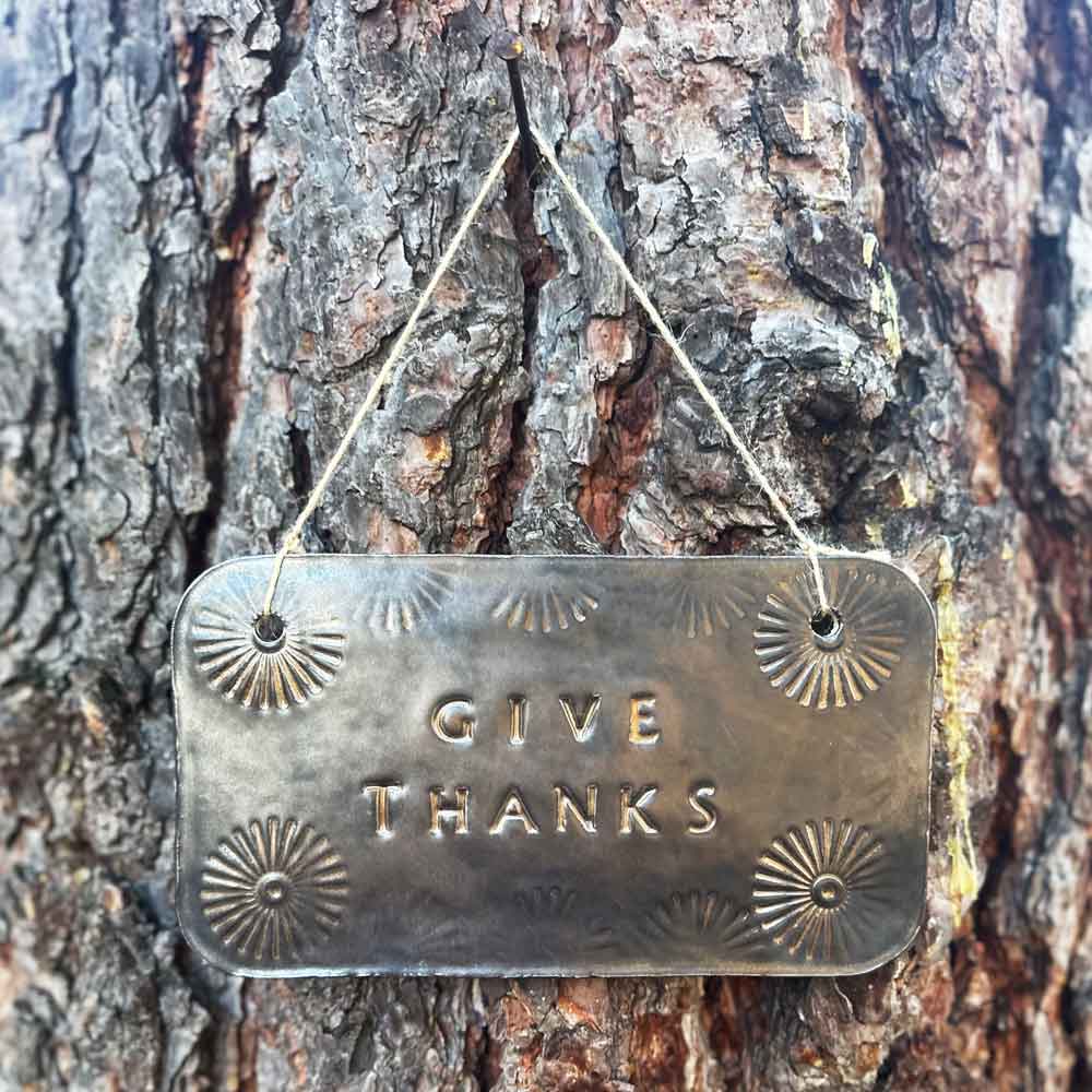 "give thanks" hanging ceramic sign in gold with stamped border