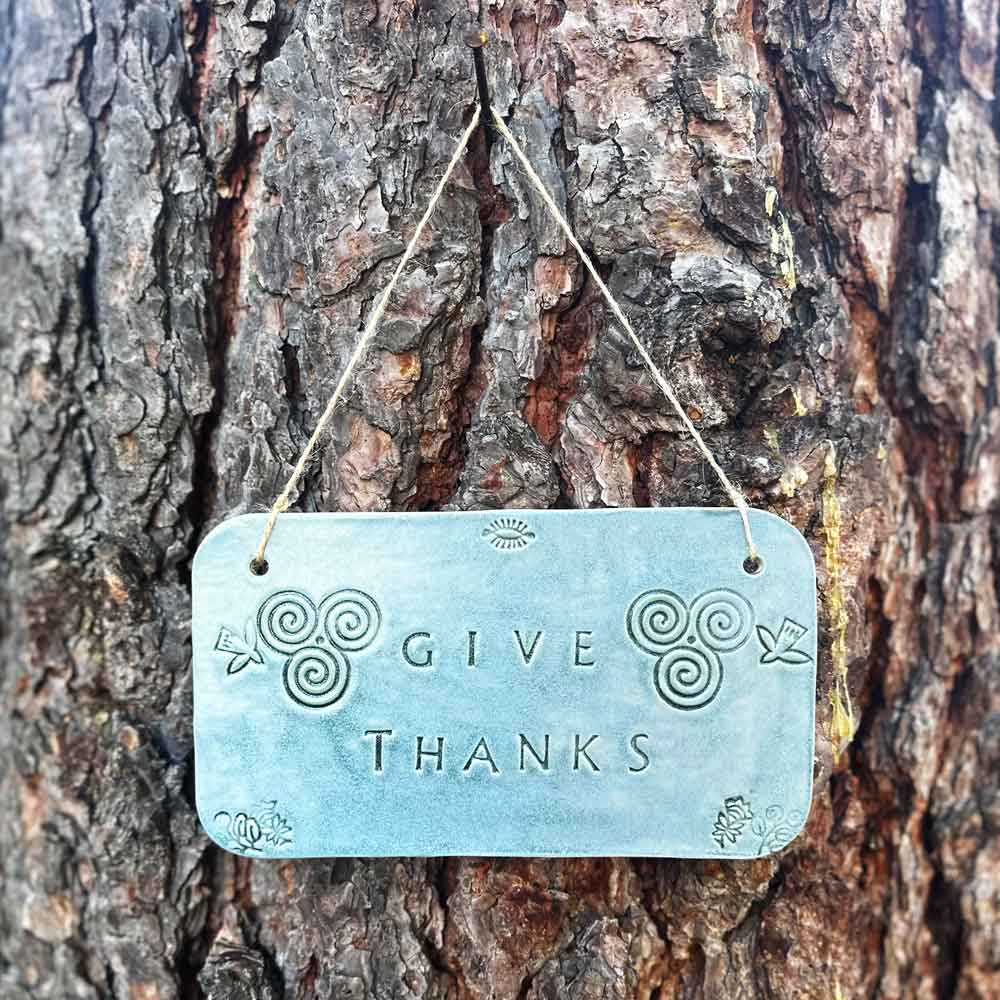 "give thanks" hanging ceramic sign in satin oribe with stamps