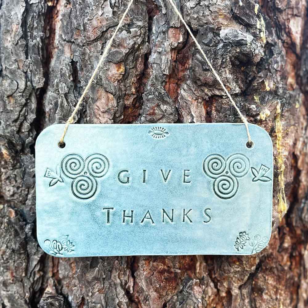 "give thanks" hanging ceramic sign in satin oribe with stamps