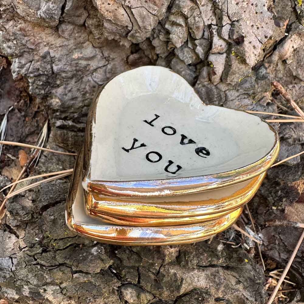"love you" gold rim heart dish