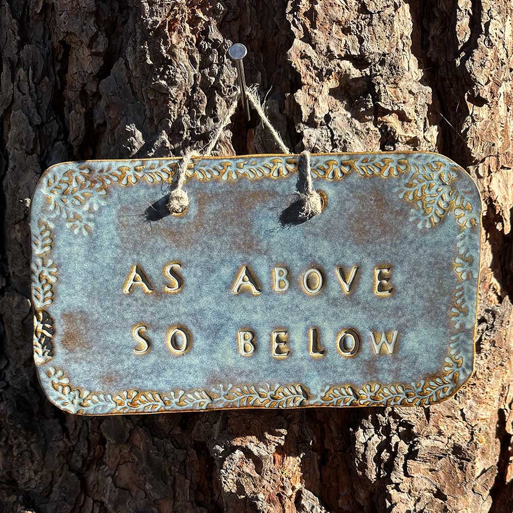 "as above so below" ceramic hanging sign in blue rutile with leaf border